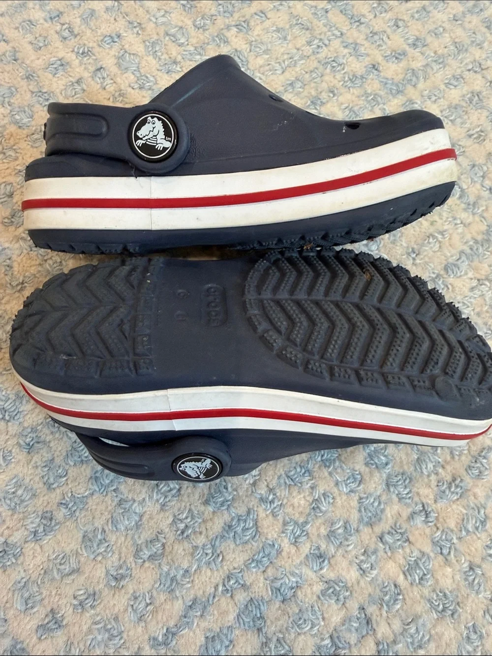 CROCS Kids Navy Clogs with Red and White Trim